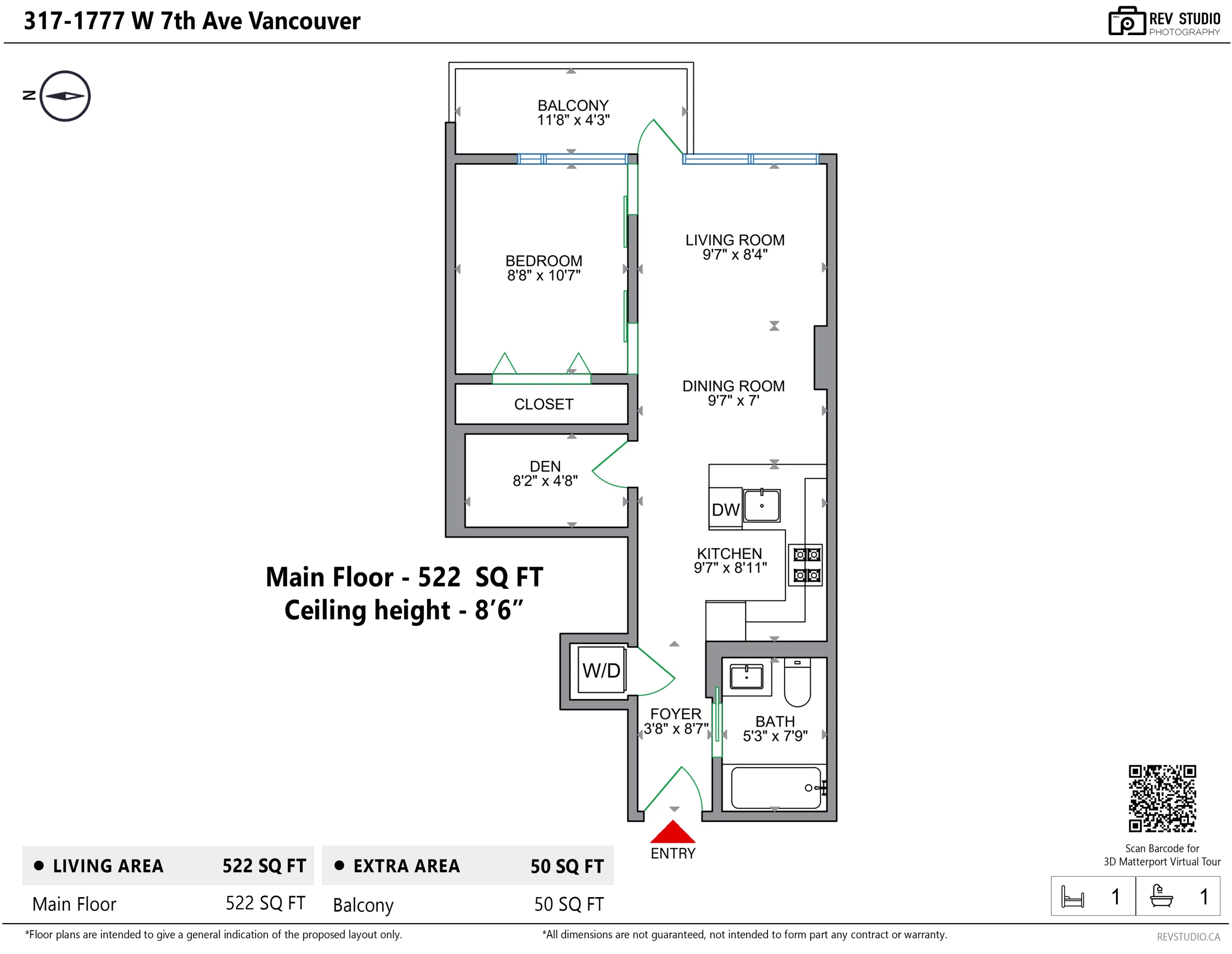 Floor plan of 317-1777 West 7th Avenue: foyer, kitchen, dining room and living room in one run to the balcony, the bedroom and its closet beside them, the den, the bathroom and the laundry closet