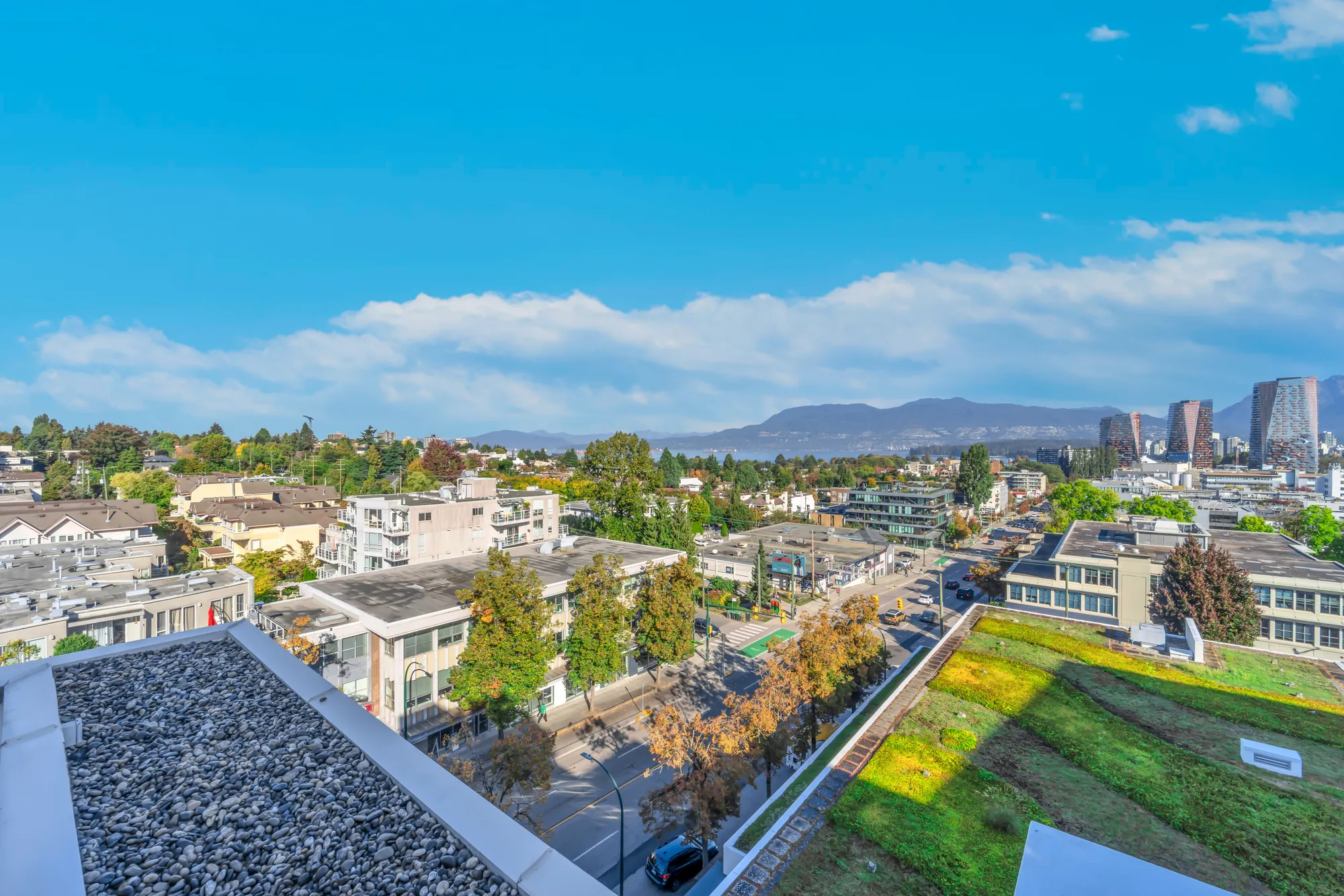From the rooftop: the green roof, the rooftops of the neighbourhood and the towers of downtown